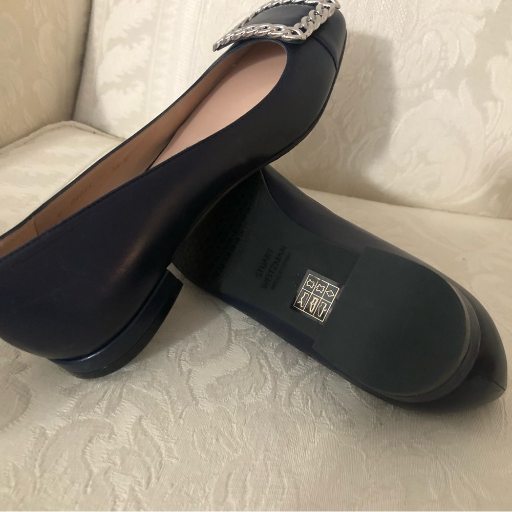 Stuart Weitzman Black Leather Chain-Embellished Flats - Picture 6 of 7